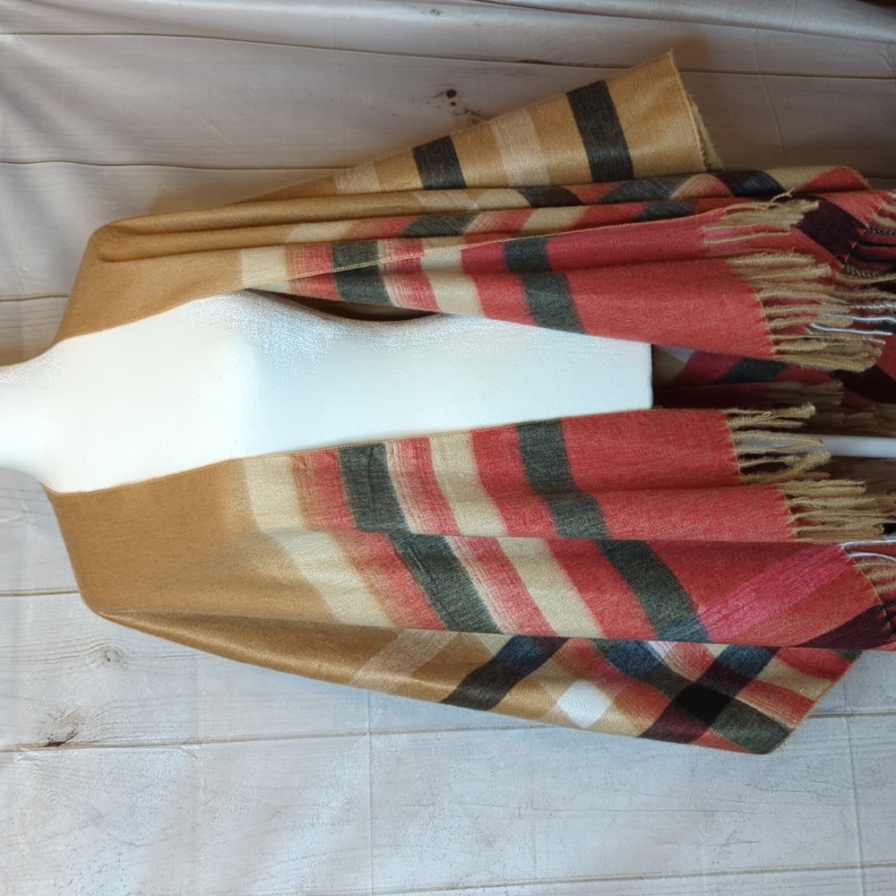 Janice Apparel Poncho One Size Camel with red,  black and white accent stripes